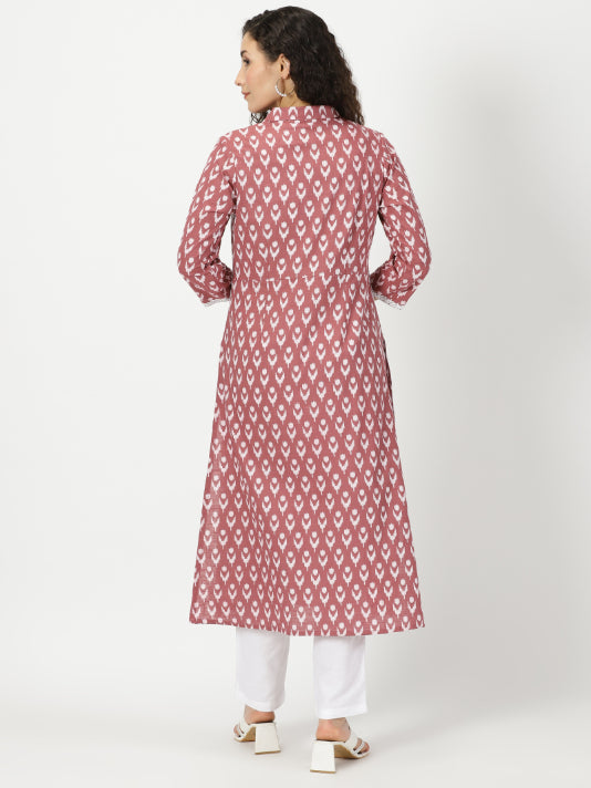 Rosewood Pink Ikat Print Shirt Collar Kurta