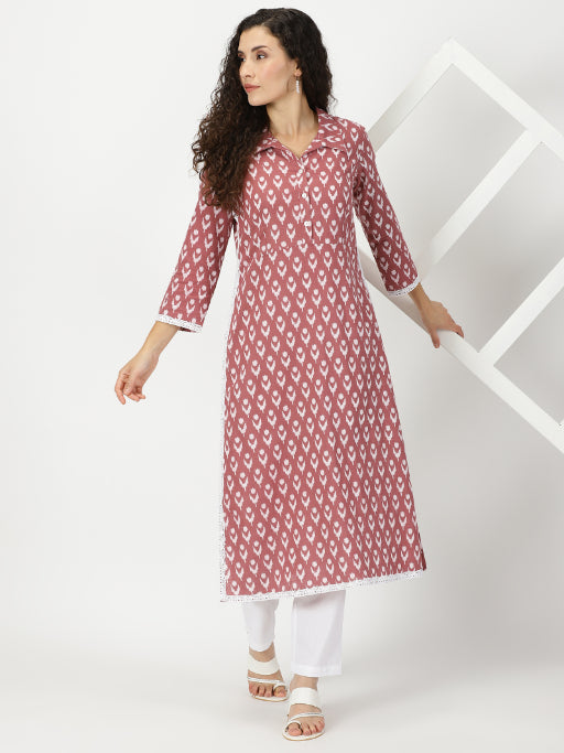 Rosewood Pink Ikat Print Shirt Collar Kurta
