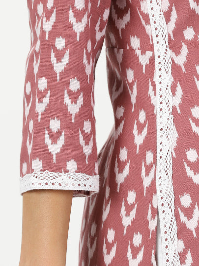 Rosewood Pink Ikat Print Shirt Collar Kurta