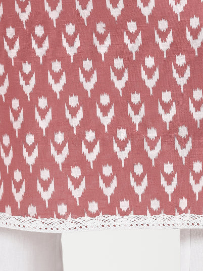 Rosewood Pink Ikat Print Shirt Collar Kurta