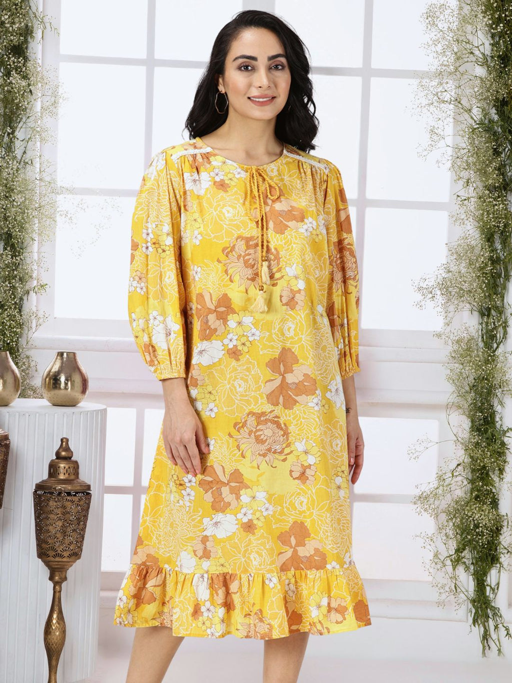 Yellow Floral Print Midi Dress