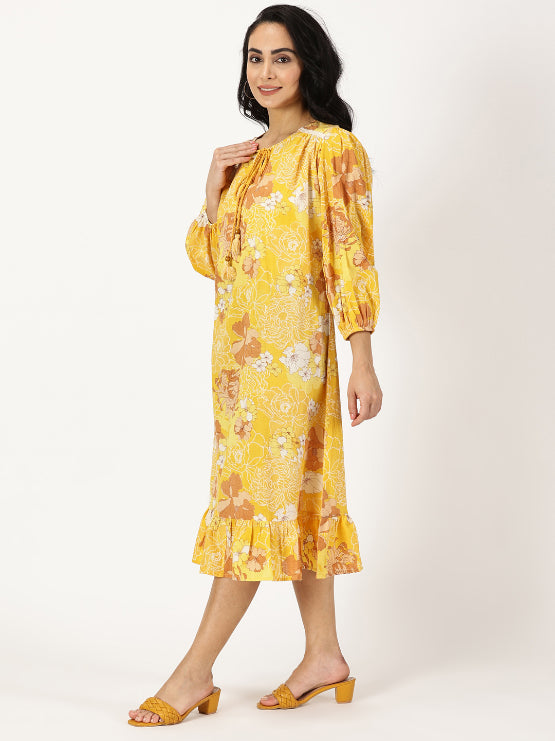 Yellow Floral Print Midi Dress