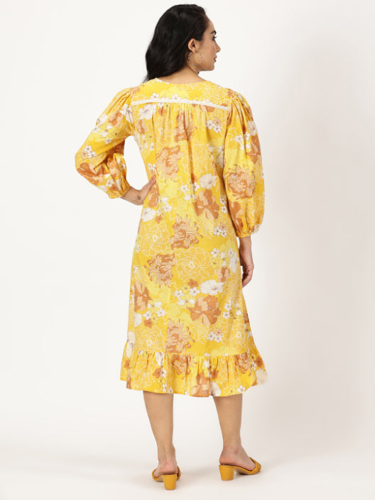 Yellow Floral Print Midi Dress