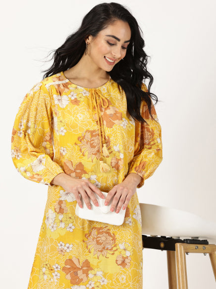 Yellow Floral Print Midi Dress