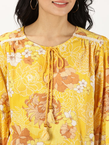 Yellow Floral Print Midi Dress