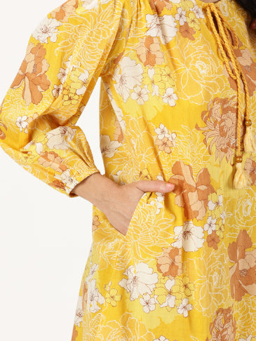 Yellow Floral Print Midi Dress