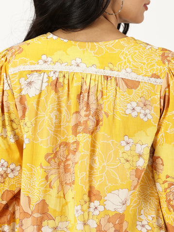 Yellow Floral Print Midi Dress