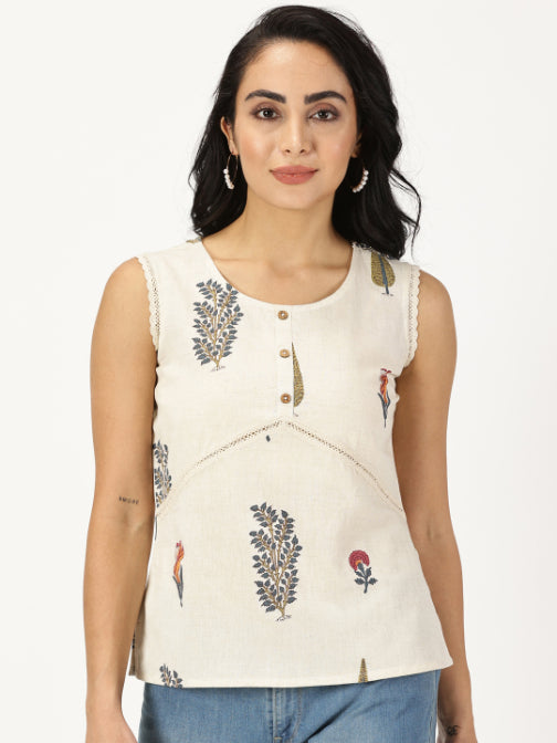 Natural Mughal Print Top with Lace Inserts
