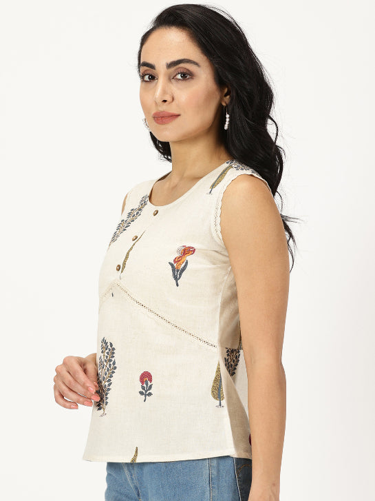 Natural Mughal Print Top with Lace Inserts
