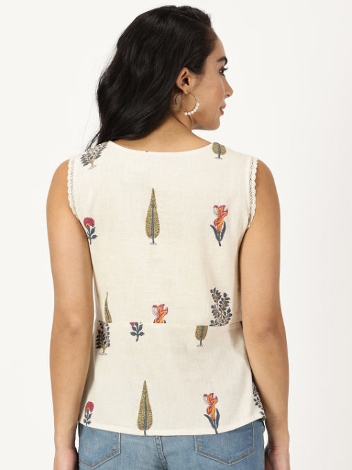 Natural Mughal Print Top with Lace Inserts