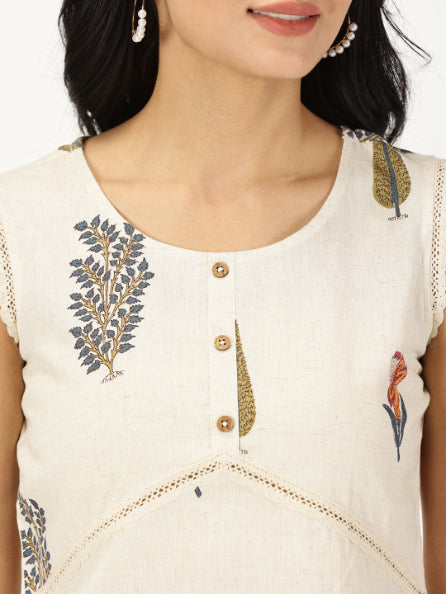 Natural Mughal Print Top with Lace Inserts