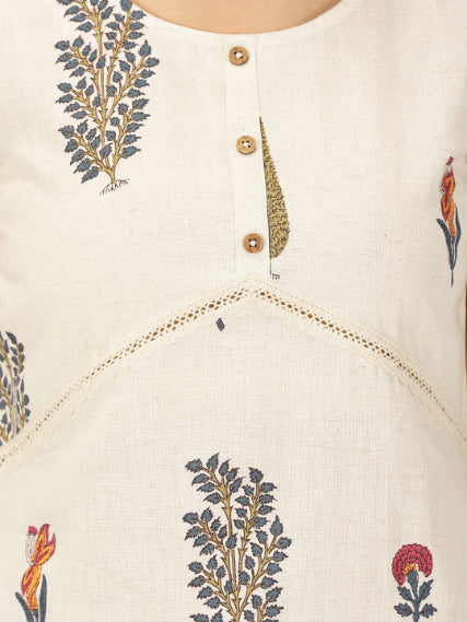 Natural Mughal Print Top with Lace Inserts