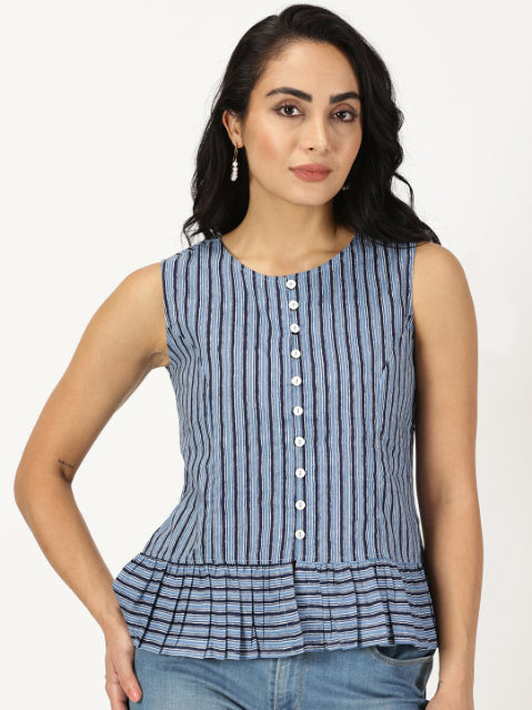 Blue Striped Button-Down Peplum Top