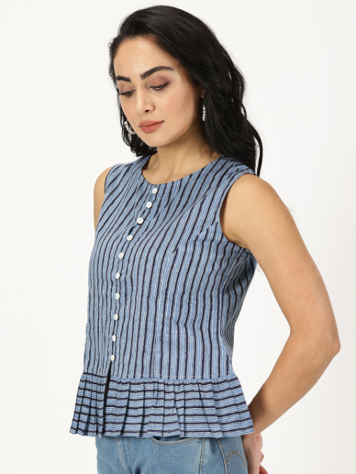 Blue Striped Button-Down Peplum Top