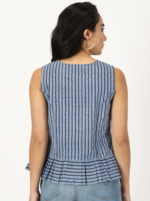 Blue Striped Button-Down Peplum Top