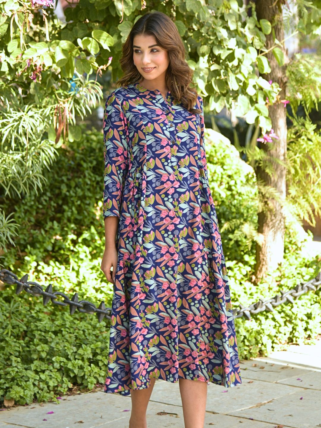 Blue Tropical Print Midi Dress with Side Gathers