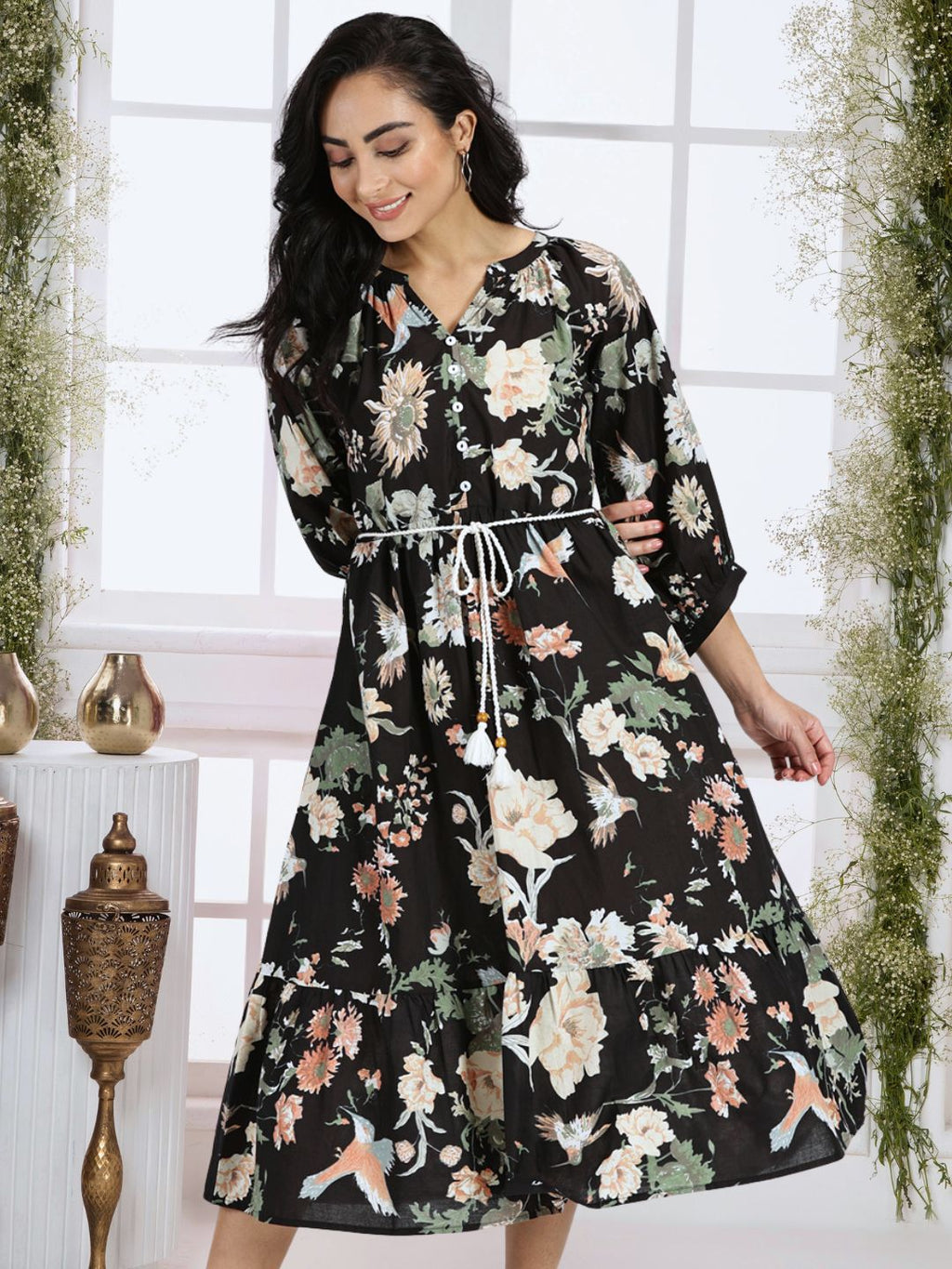 Black Tropical Print Boho Midi Dress