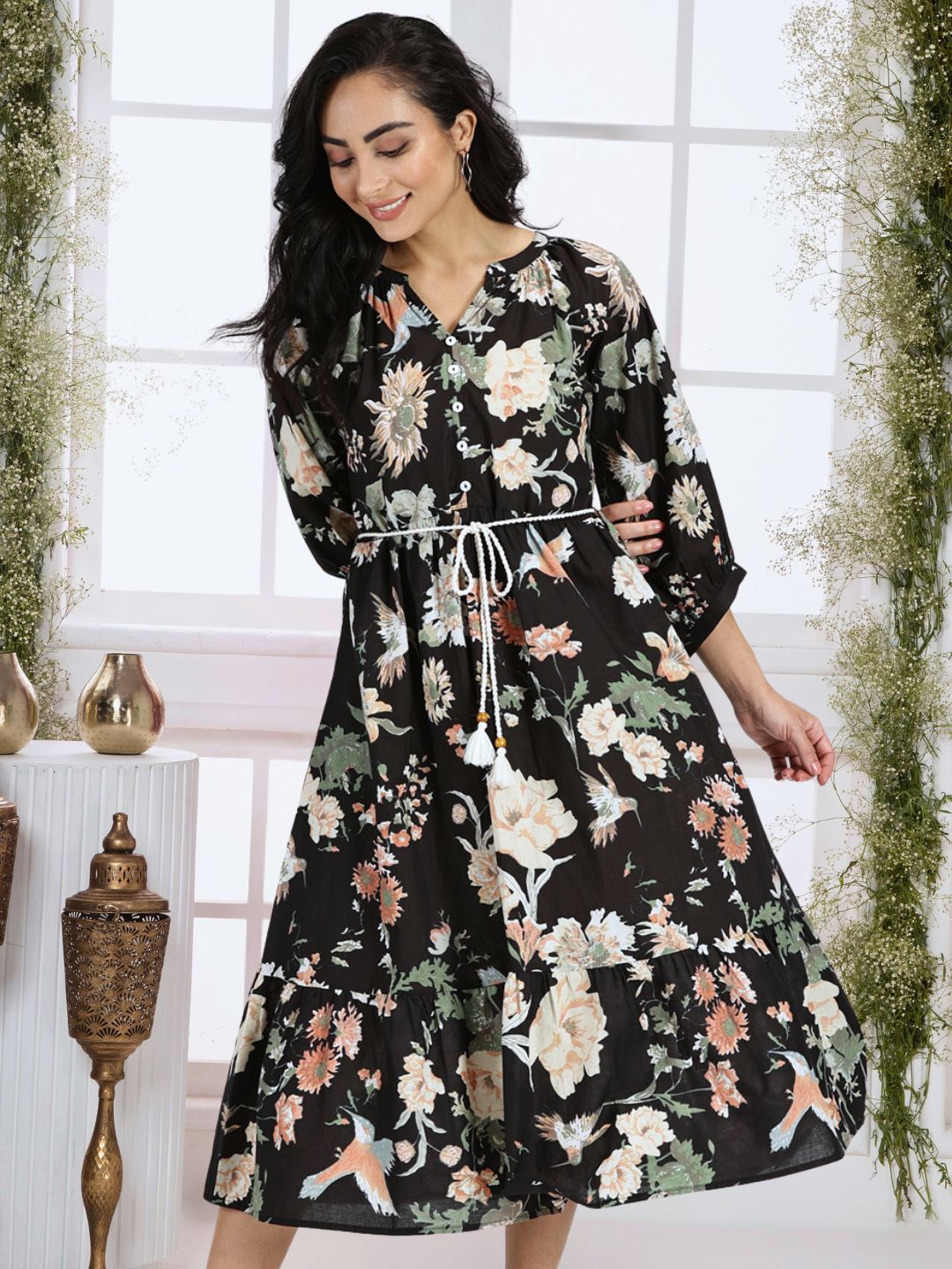 Black Tropical Print Boho Midi Dress