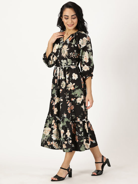 Black Tropical Print Boho Midi Dress