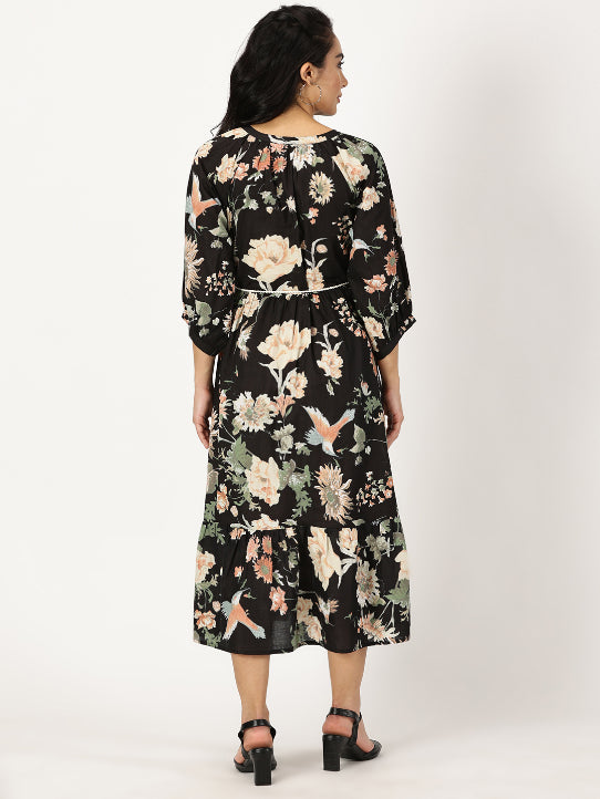 Black Tropical Print Boho Midi Dress