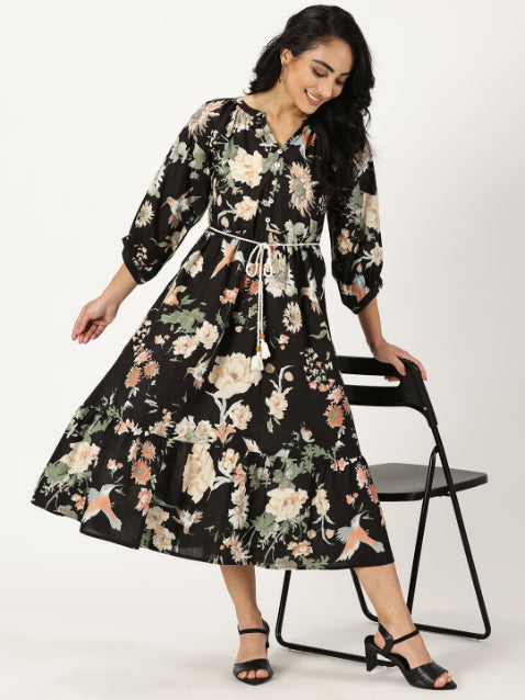 Black Tropical Print Boho Midi Dress