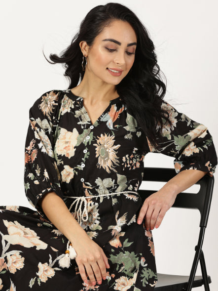 Black Tropical Print Boho Midi Dress