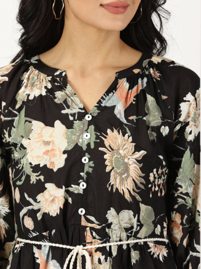 Black Tropical Print Boho Midi Dress