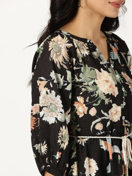 Black Tropical Print Boho Midi Dress