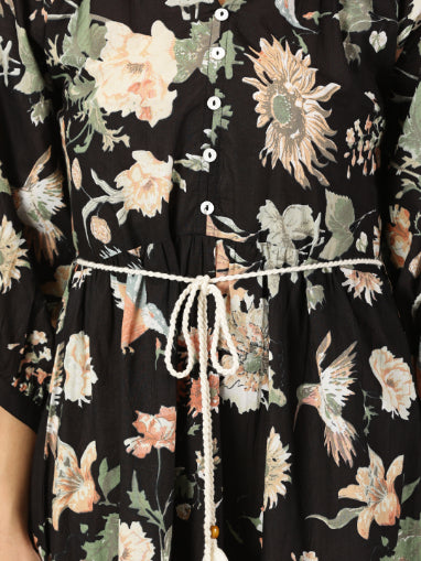 Black Tropical Print Boho Midi Dress