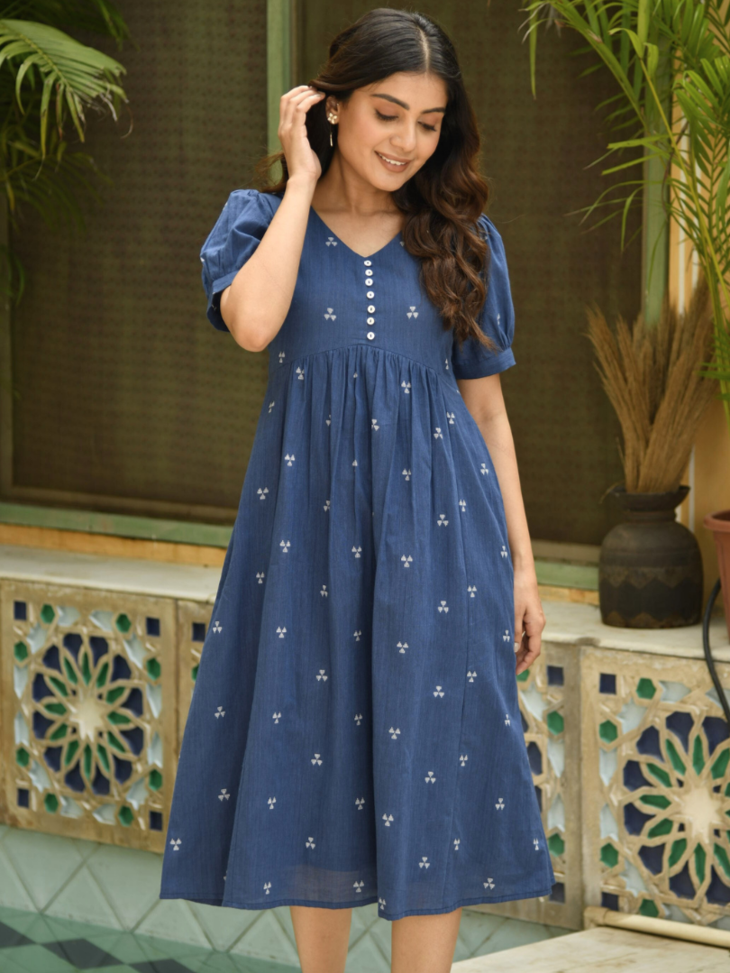 Navy Blue Woven Design Cotton Midi Dress
