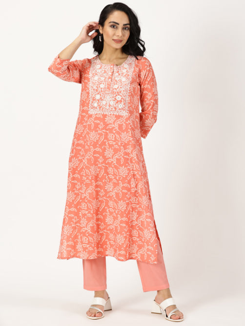 Coral Ethnic Floral Print Kurta with Chikankari Embroidery