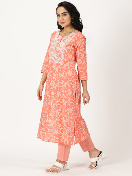Coral Ethnic Floral Print Kurta with Chikankari Embroidery