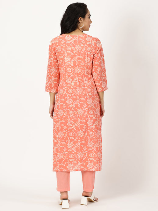 Coral Ethnic Floral Print Kurta with Chikankari Embroidery