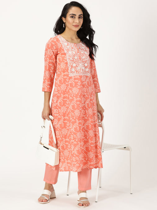 Coral Ethnic Floral Print Kurta with Chikankari Embroidery