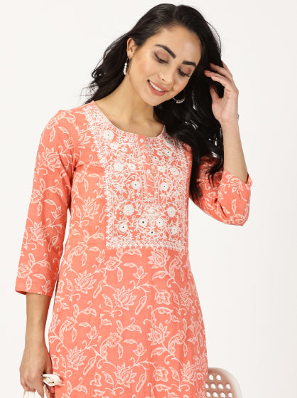 Coral Ethnic Floral Print Kurta with Chikankari Embroidery