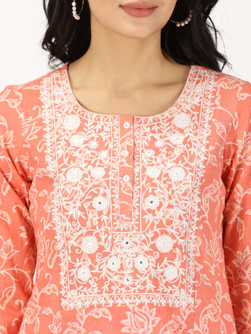 Coral Ethnic Floral Print Kurta with Chikankari Embroidery