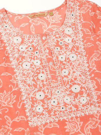Coral Ethnic Floral Print Kurta with Chikankari Embroidery