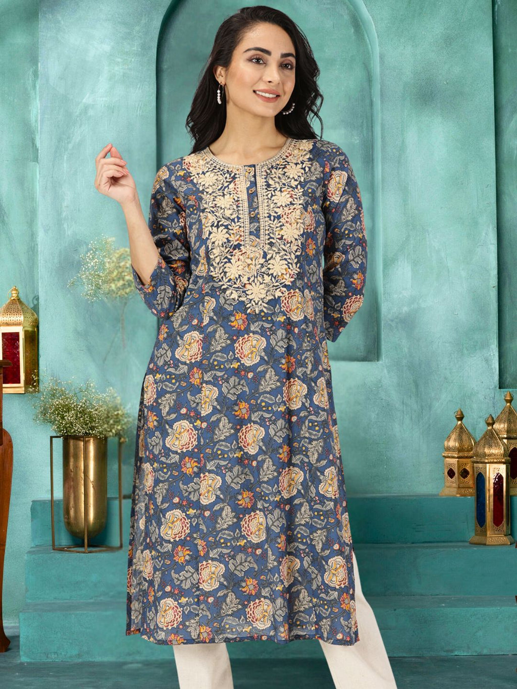 Blue Ethnic Floral Print Kurta with Yoke Embroidery