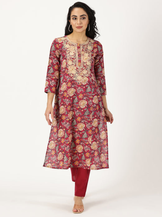Wine Ethnic Floral Print Kurta with Yoke Embroidery