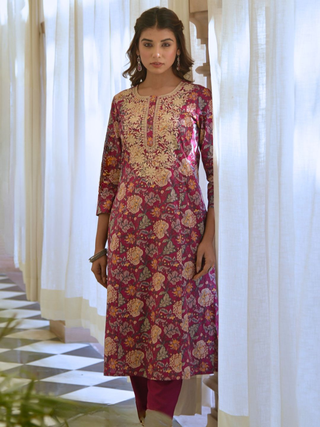 Wine Ethnic Floral Print Kurta with Yoke Embroidery