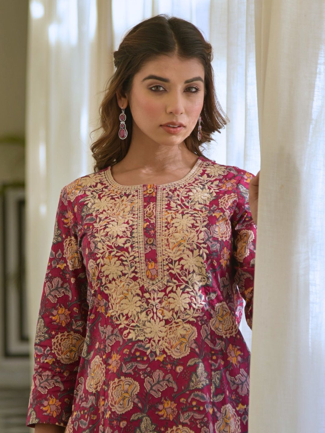 Wine Ethnic Floral Print Kurta with Yoke Embroidery