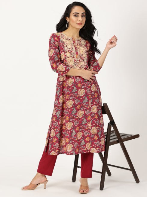 Wine Ethnic Floral Print Kurta with Yoke Embroidery
