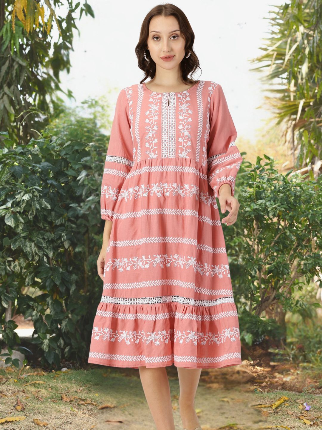 Peach Boho Embroidered Midi Dress