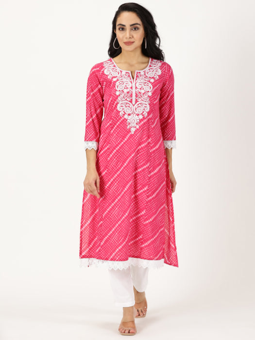 Fuchsia Leheriya Print Kurta with Chikankari Embroidery