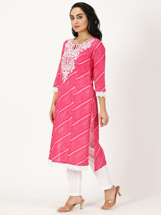 Fuchsia Leheriya Print Kurta with Chikankari Embroidery