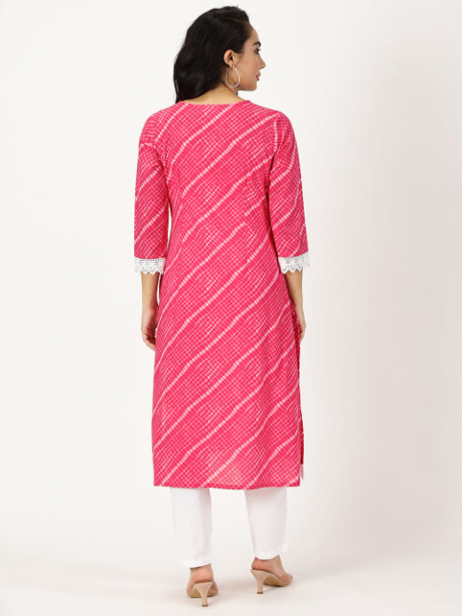Fuchsia Leheriya Print Kurta with Chikankari Embroidery