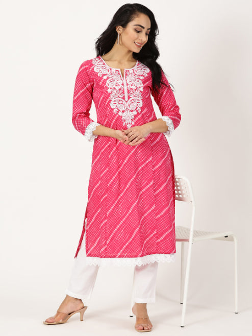 Fuchsia Leheriya Print Kurta with Chikankari Embroidery