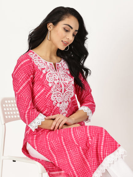 Fuchsia Leheriya Print Kurta with Chikankari Embroidery