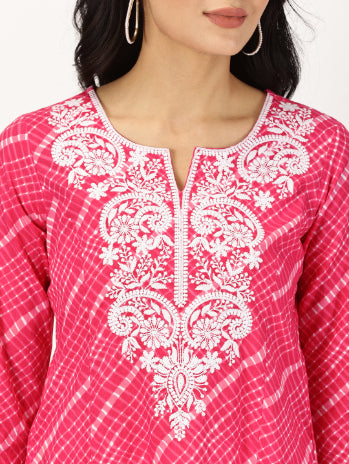 Fuchsia Leheriya Print Kurta with Chikankari Embroidery
