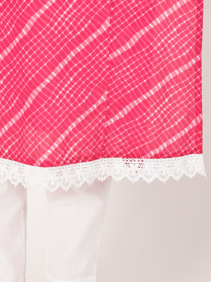 Fuchsia Leheriya Print Kurta with Chikankari Embroidery